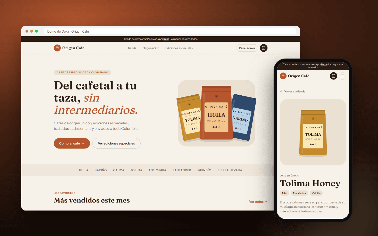 Captura del sitio Origen Café